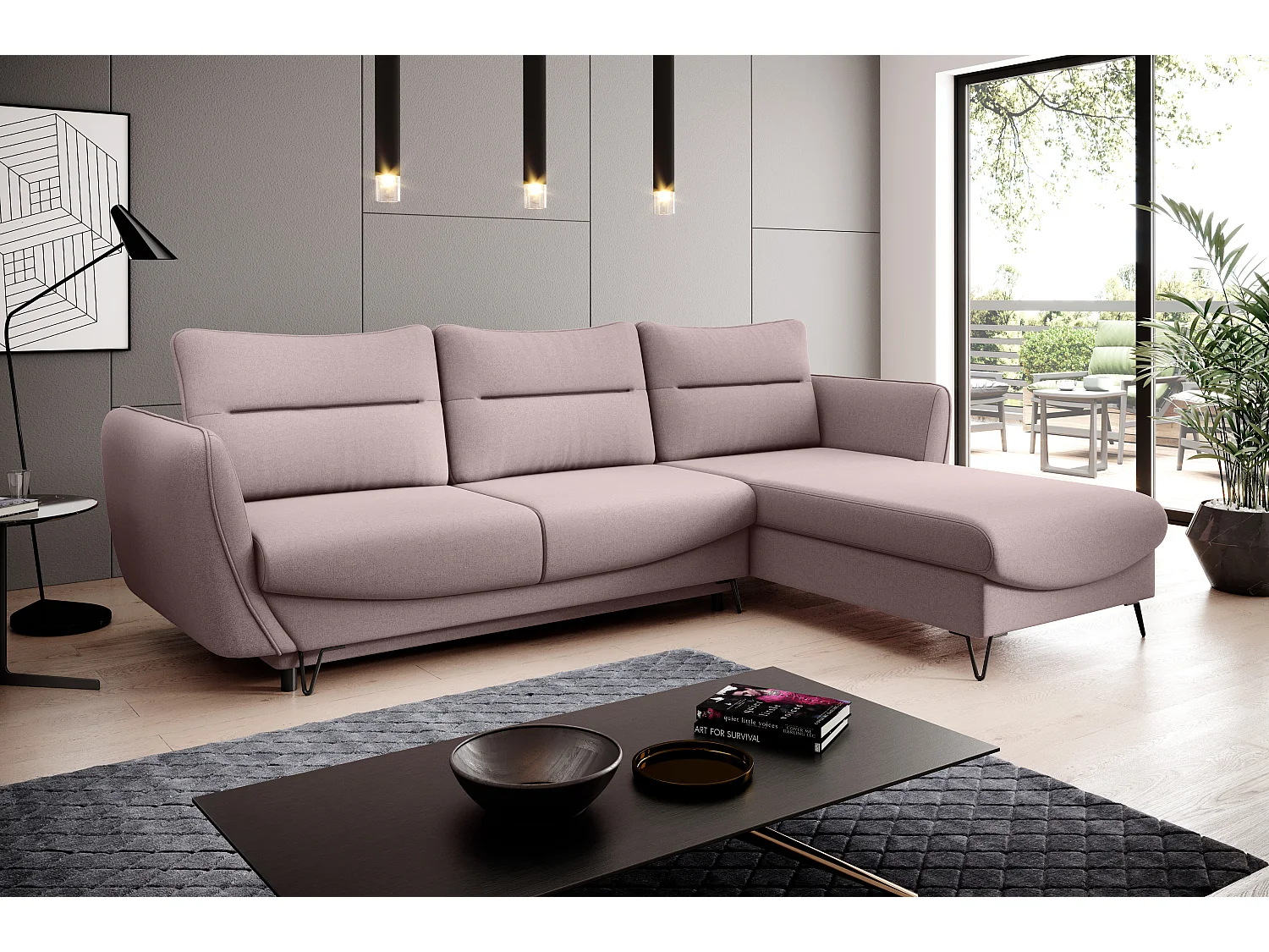 Canapé d'angle droit convertible tissu rose clair Zurik 276cm