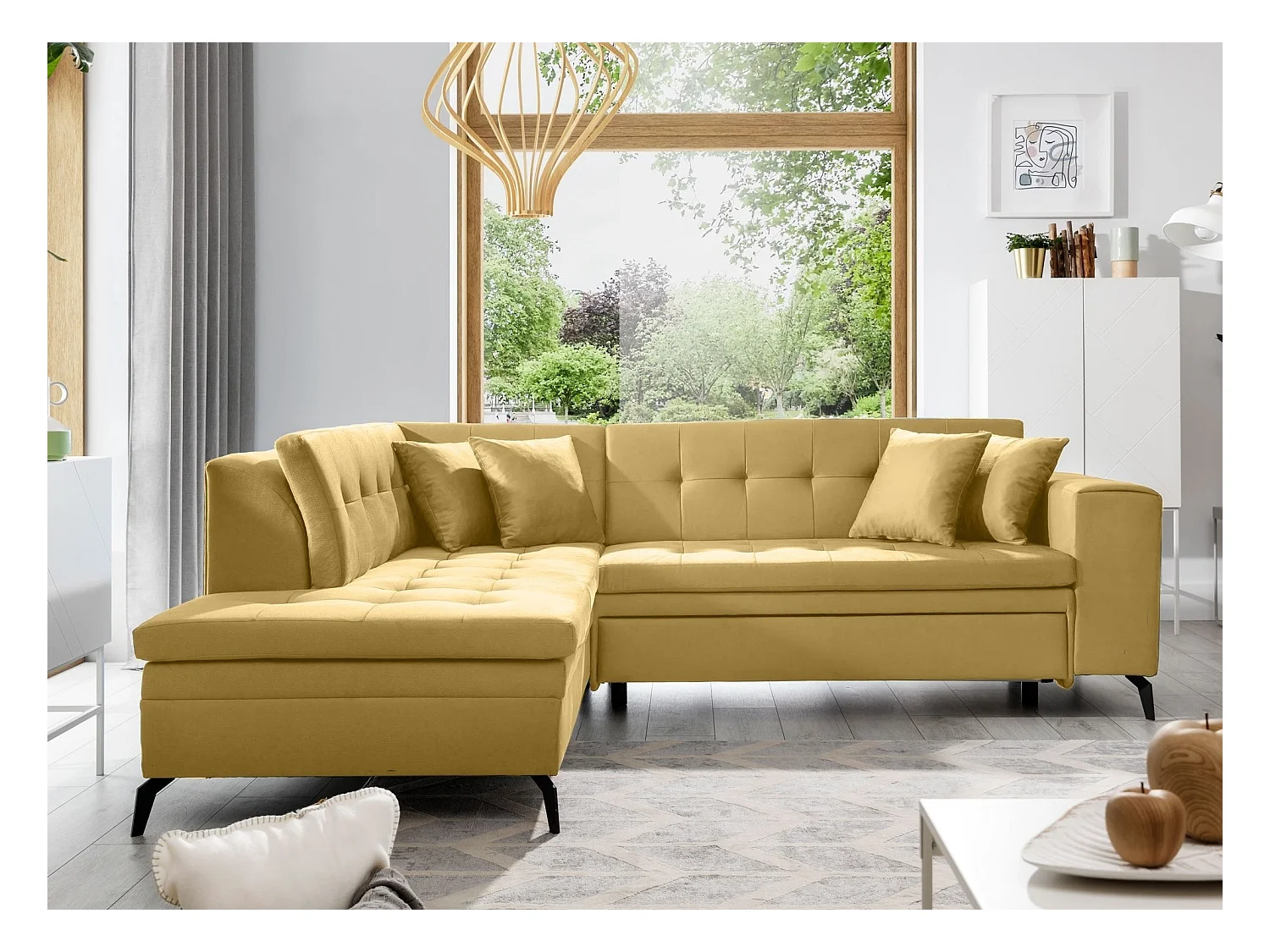 Canapé convertible capitonné angle gauche tissu jaune Larry 260cm