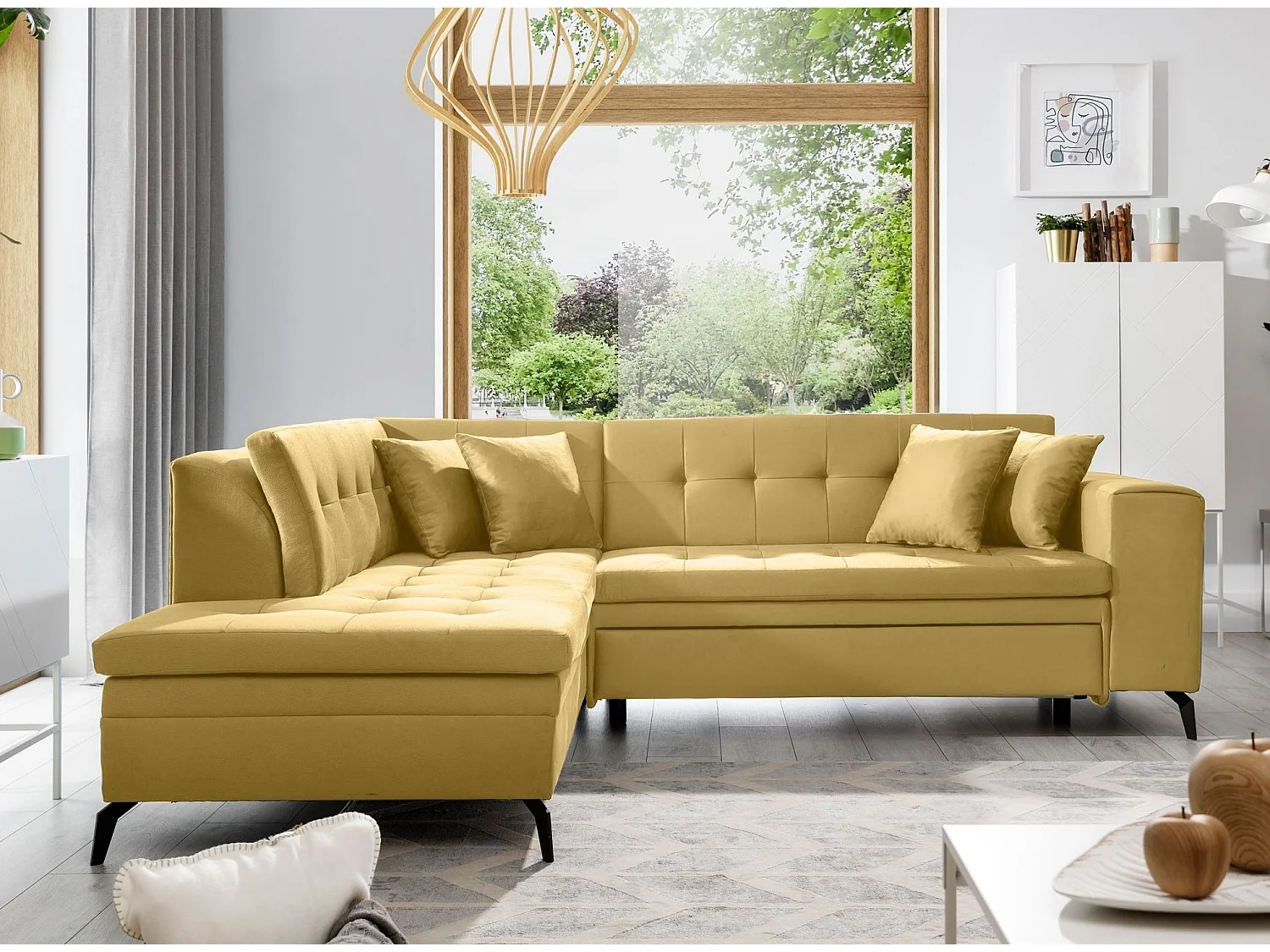 Canapé convertible capitonné angle gauche tissu jaune Larry 260cm