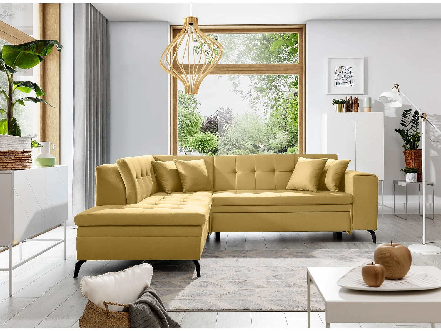 Canapé convertible capitonné angle gauche tissu jaune Larry 260cm