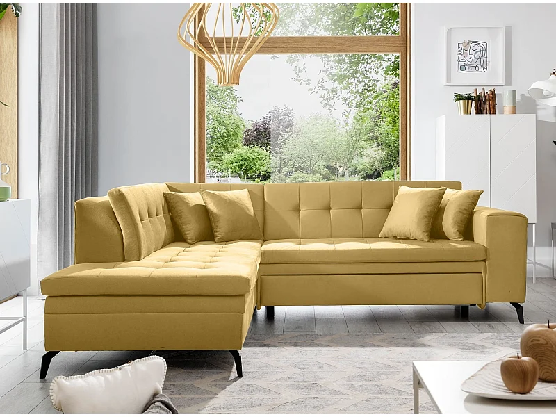 Canapé convertible capitonné angle gauche tissu jaune Larry 260cm