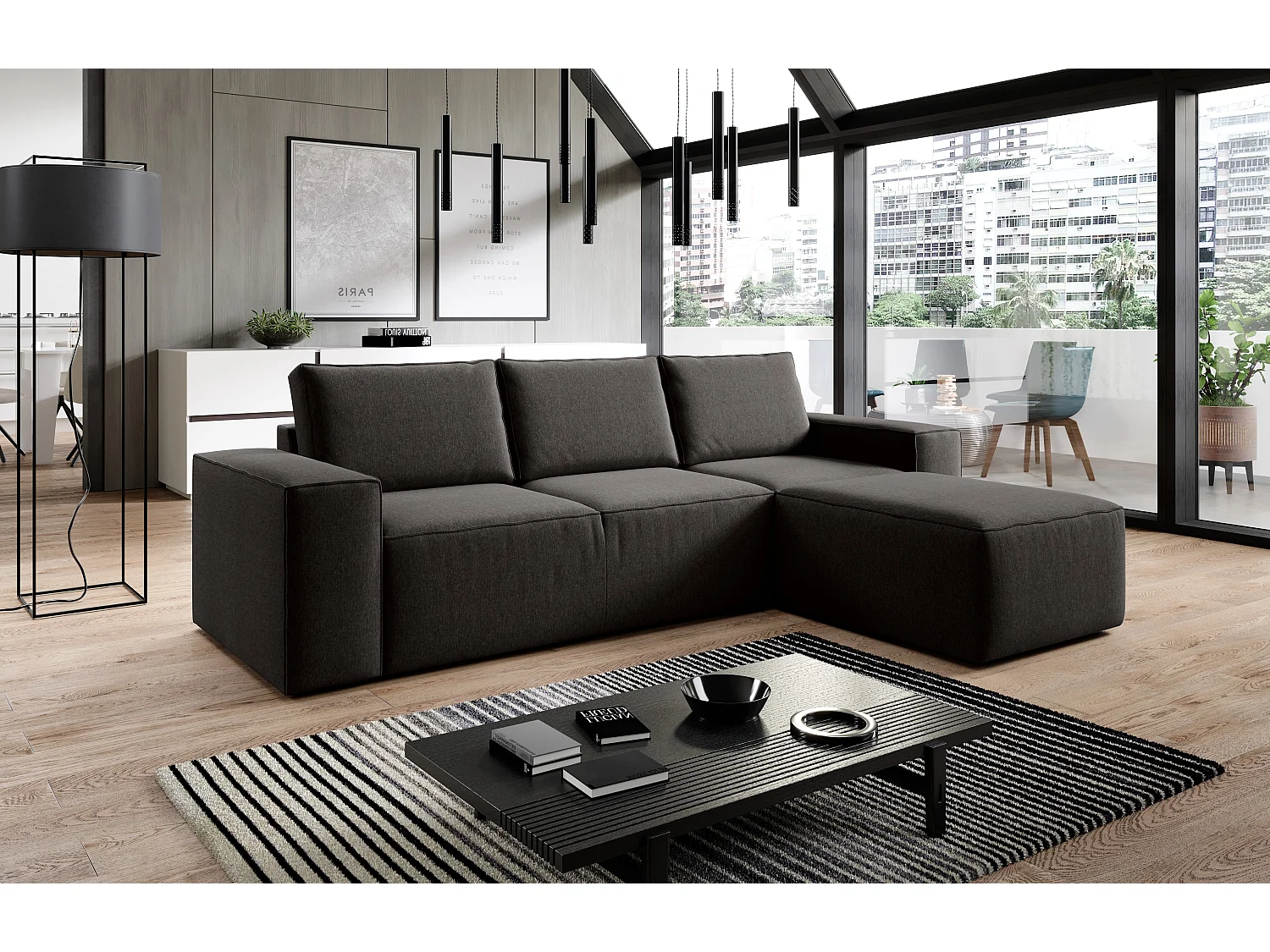 Canapé d'angle droit convertible moderne tissu marron foncé Willace 302cm