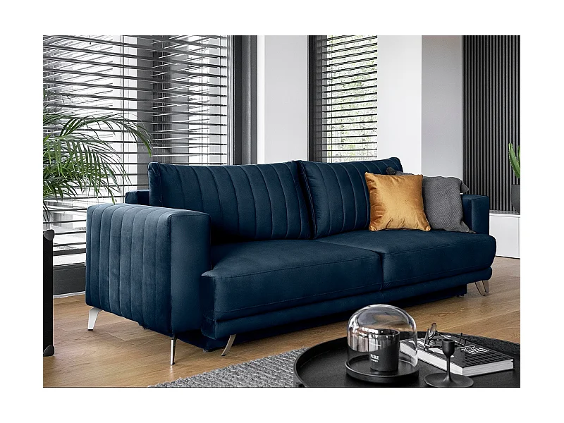 Canapé convertible design 3-4 places velours bleu nuit et pieds acier chromé Eliza 250cm