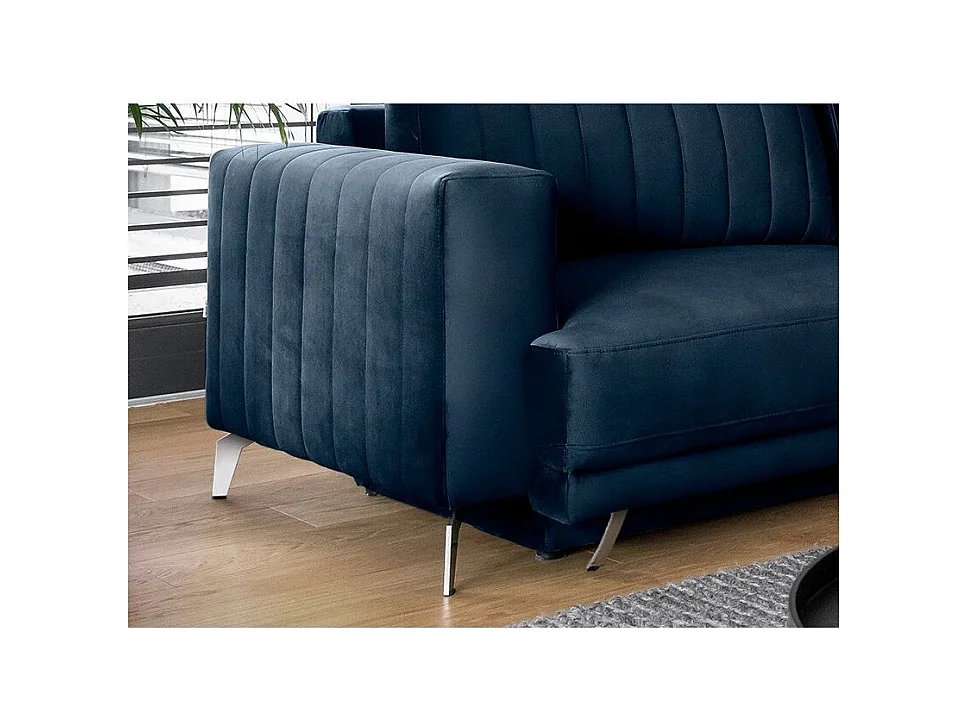 Canapé convertible design 3-4 places velours bleu nuit et pieds acier chromé Eliza 250cm