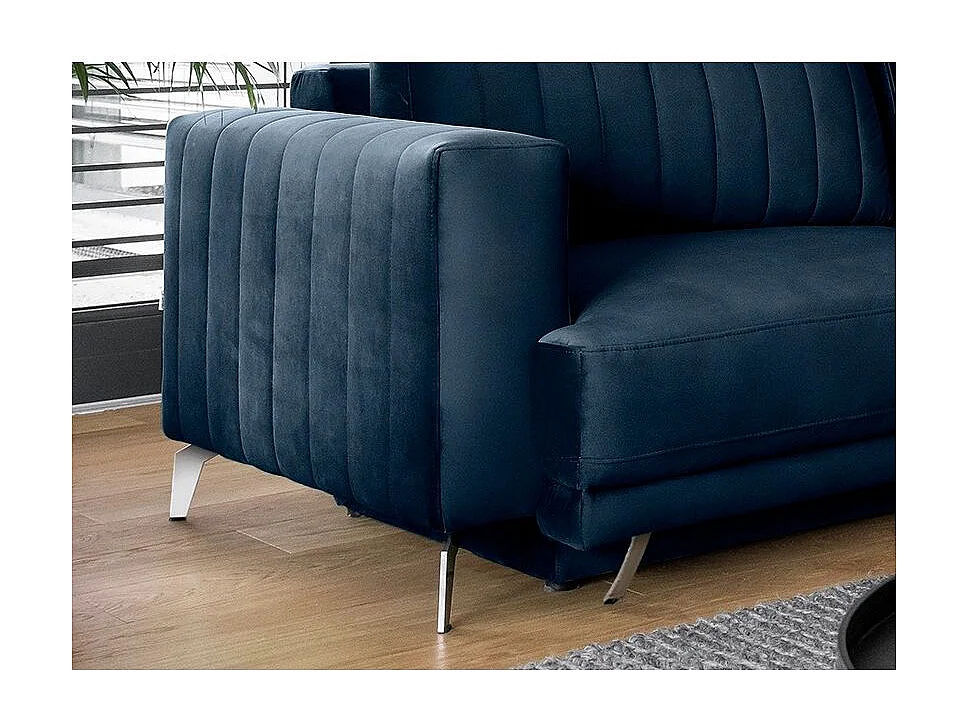 Canapé convertible design 3-4 places velours bleu nuit et pieds acier chromé Eliza 250cm