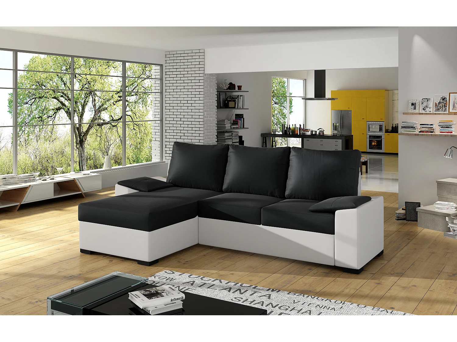 Canapé angle convertible et réversible simili blanc et noir Luzo 245cm