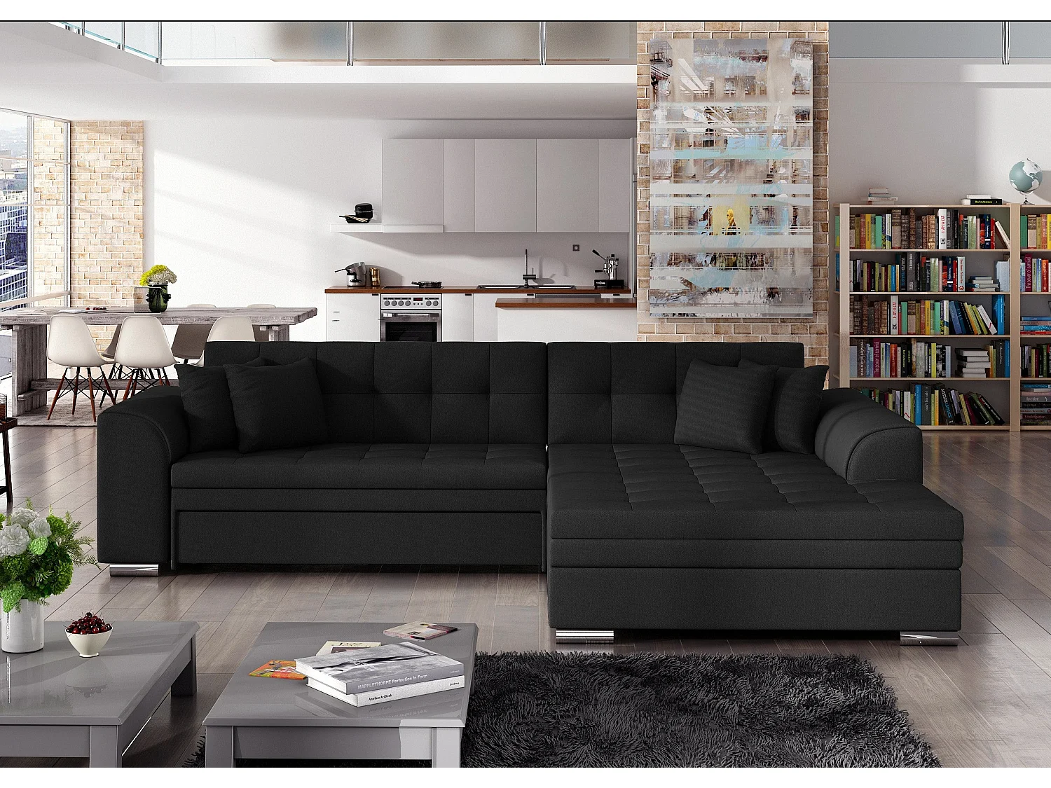 Canapé d'angle droit convertible 4 places tissu noir Looka 295cm