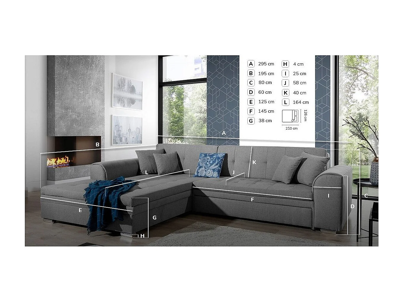 Canapé d'angle droit convertible 4 places tissu noir Looka 295cm