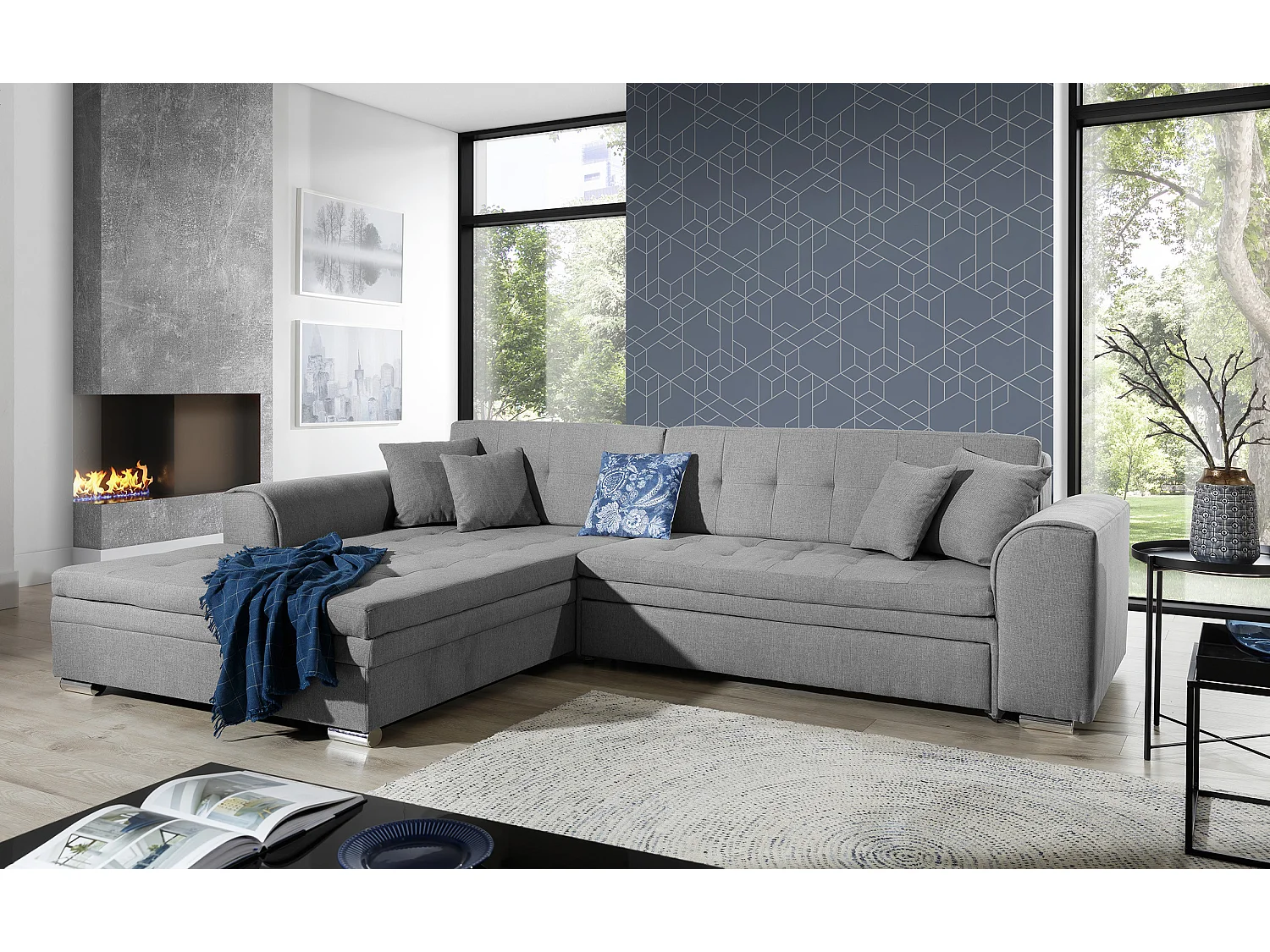 Canapé d'angle droit convertible 4 places tissu noir Looka 295cm