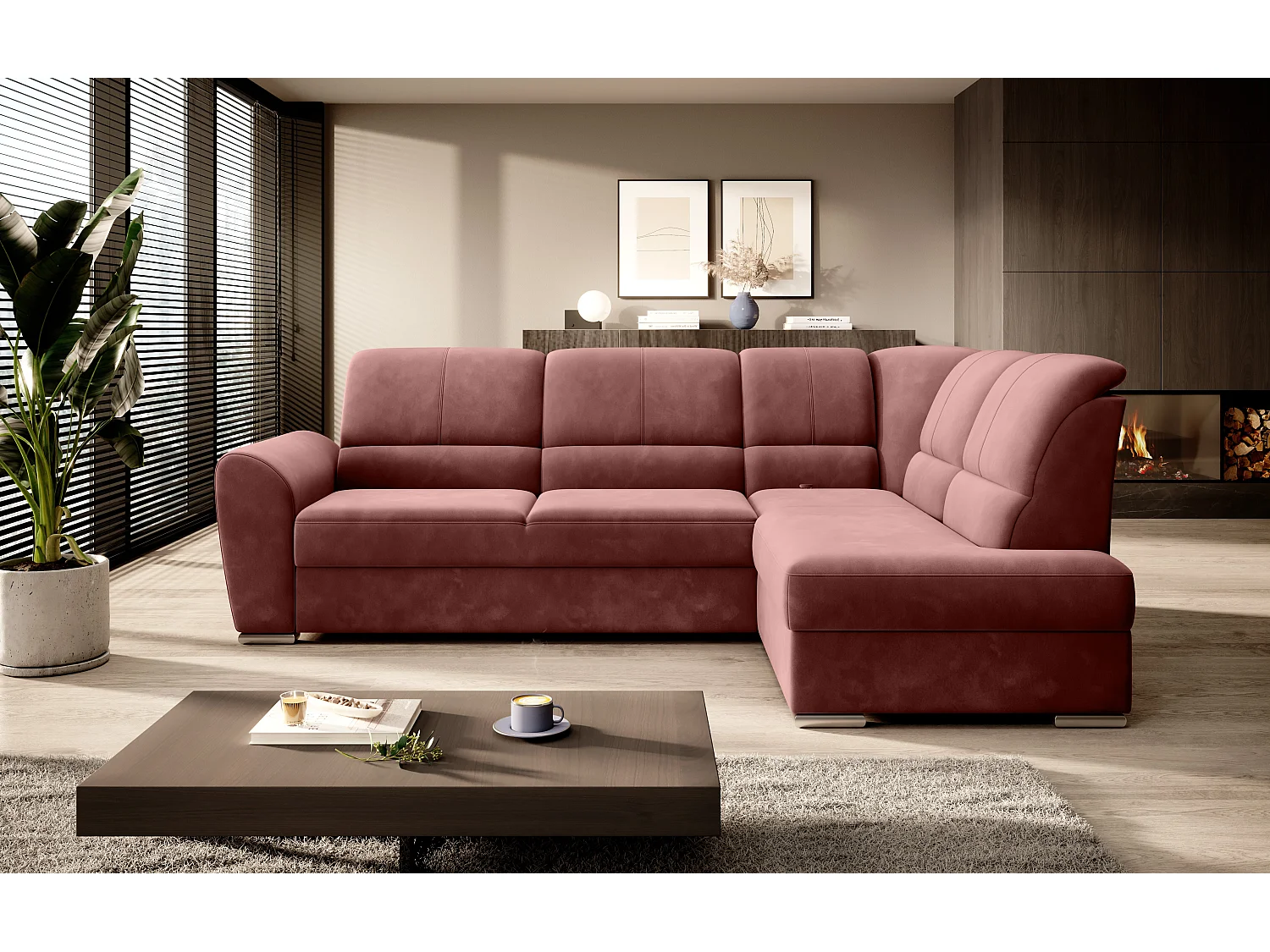 Canapé angle droit convertible tissu rouille et pieds acier chromé Zabor 270cm