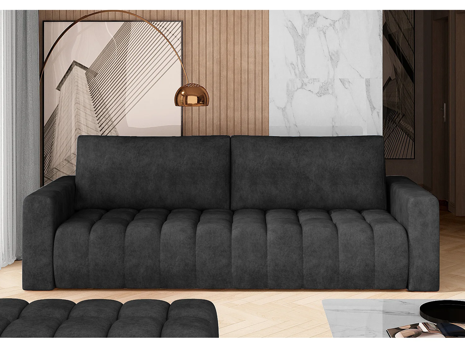 Canapé convertible 3 places tissu gris foncé avec coffre de rangement Larko 245cm