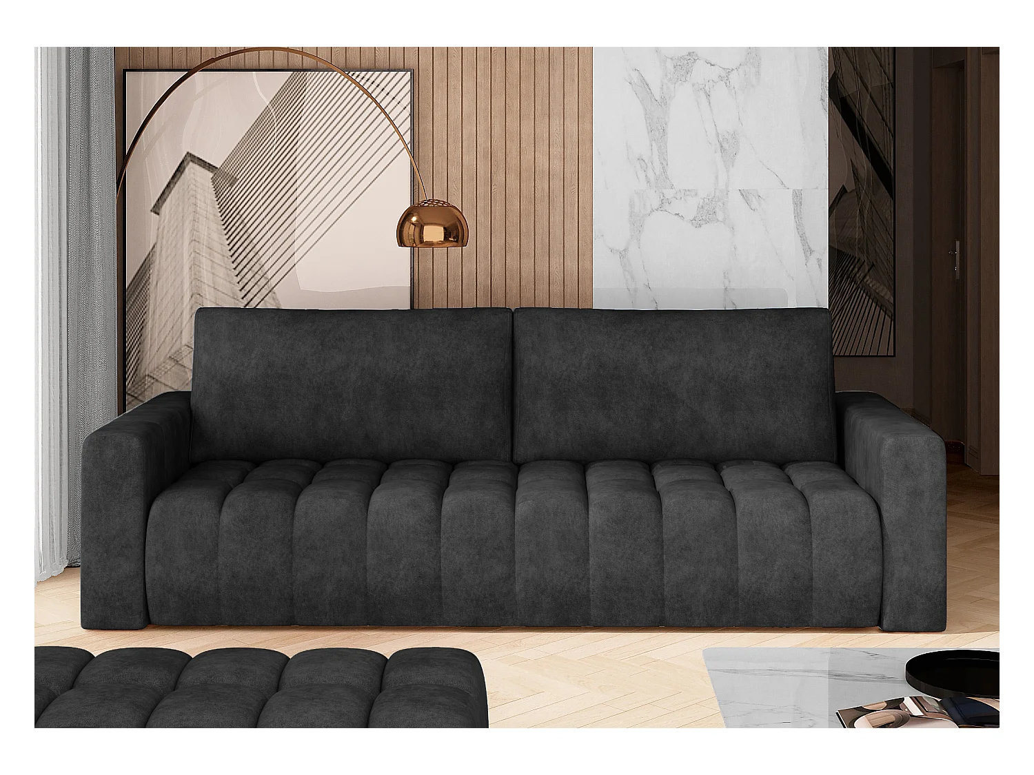 Canapé convertible 3 places tissu gris foncé avec coffre de rangement Larko 245cm