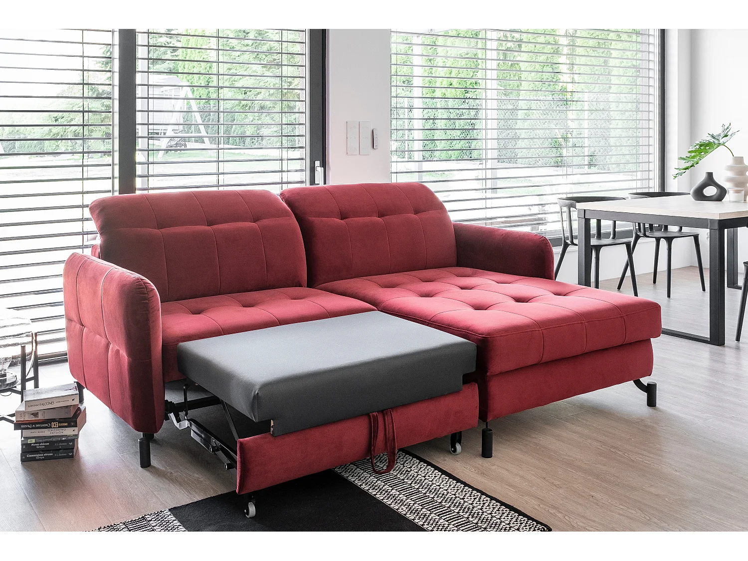 Canapé convertible angle droit avec têtières réglables velours matelassé noir Lory 225cm