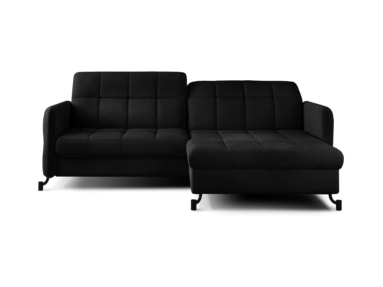 Canapé convertible angle droit avec têtières réglables velours matelassé noir Lory 225cm