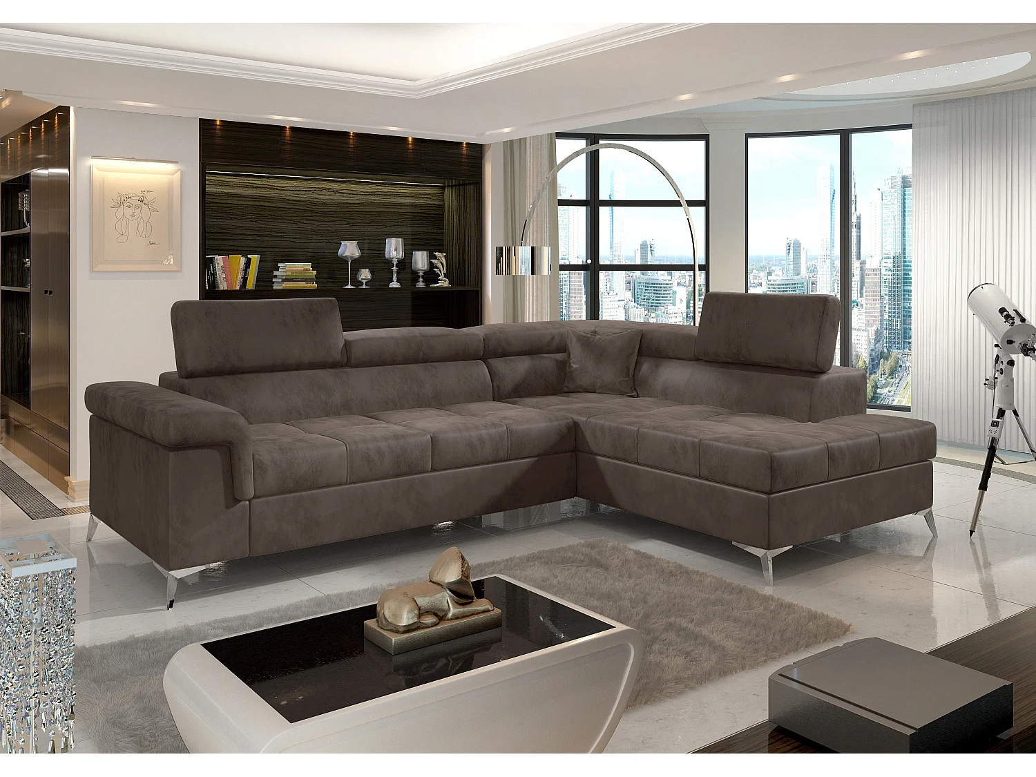 Canapé d'angle droit convertible velours marron Marido 275cm