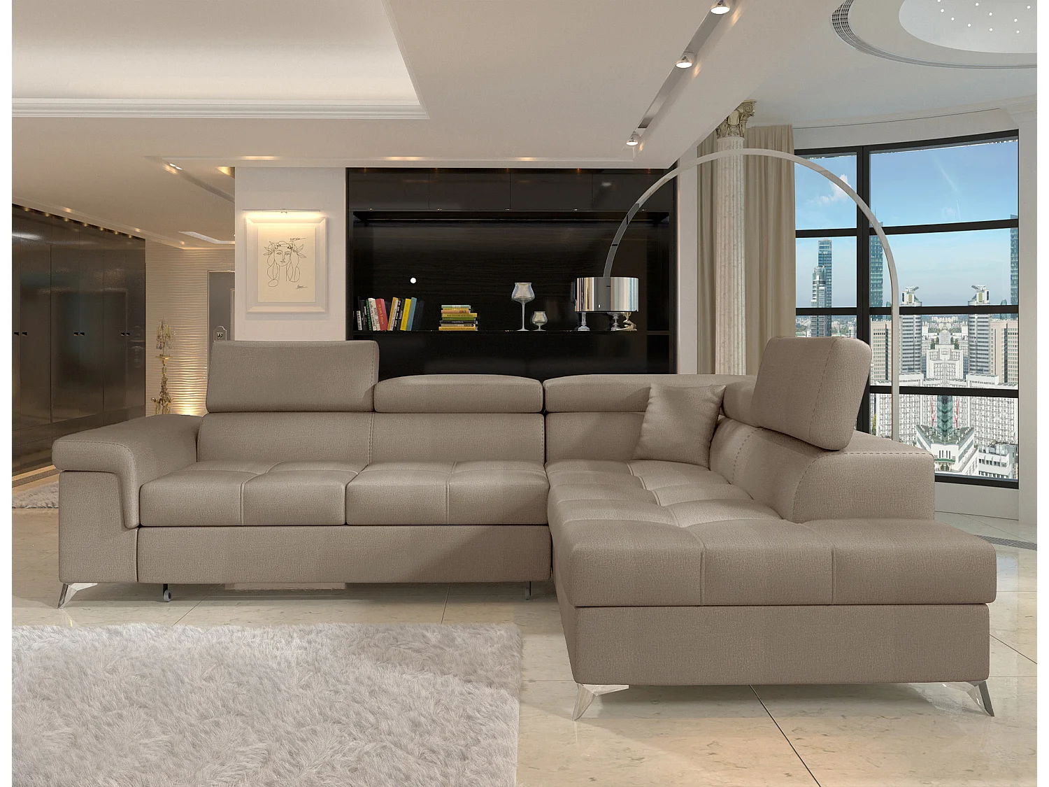 Canapé d'angle convertible velours MARIDO - Coffre et appuis-tête réglables-Marron clair-angle droit