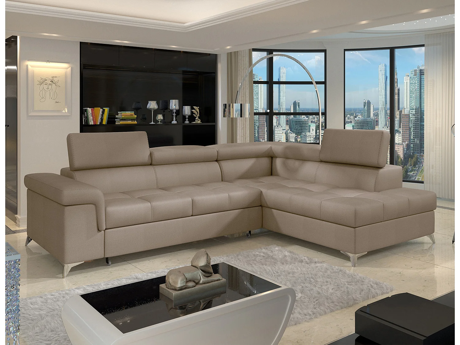 Canapé d'angle convertible velours MARIDO - Coffre et appuis-tête réglables-Marron clair-angle droit