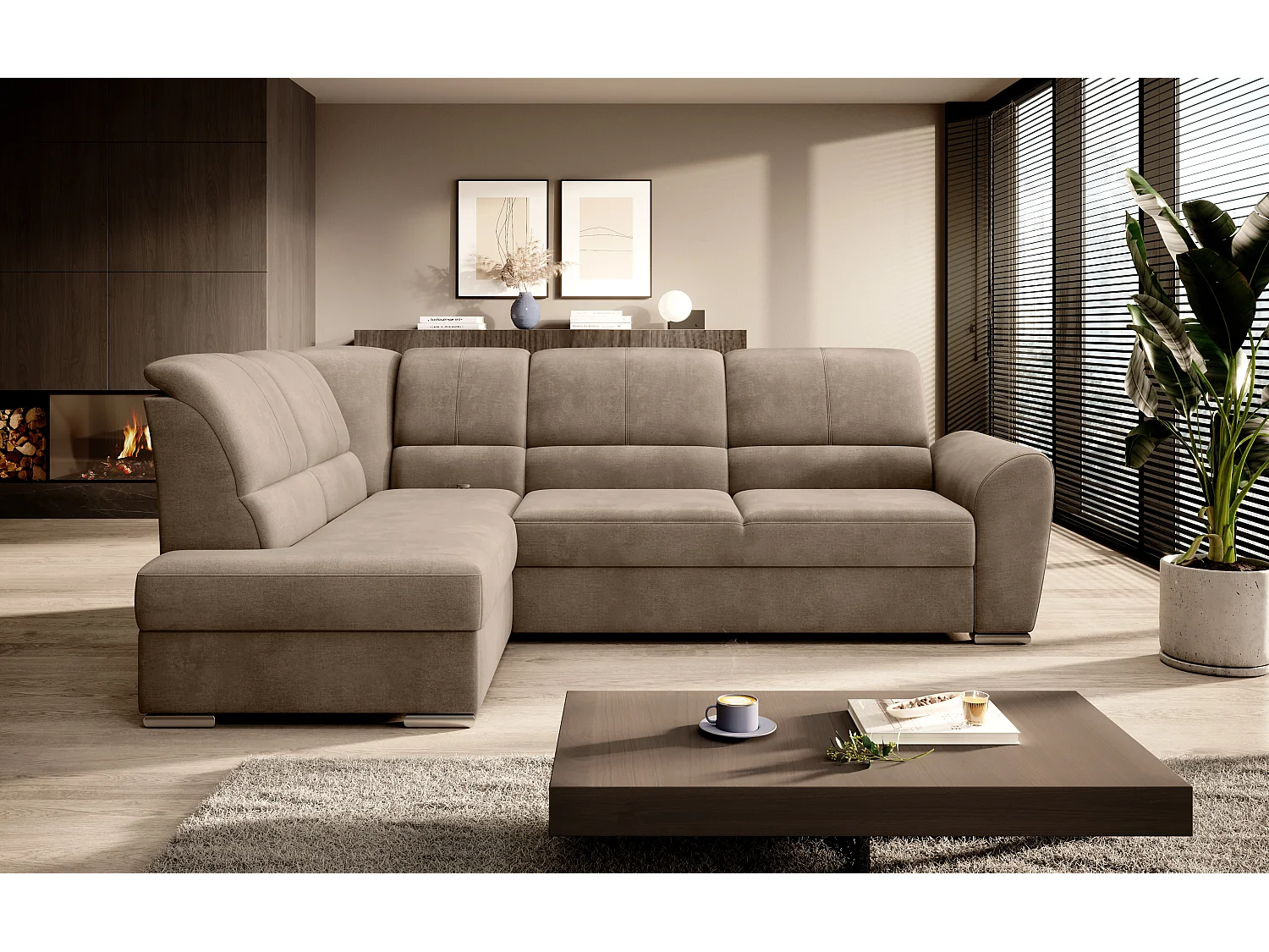 Canapé angle gauche convertible tissu doux beige foncé et pieds acier chromé Zabor 270cm