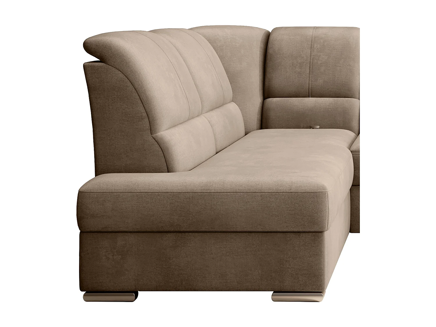 Canapé angle gauche convertible tissu doux beige foncé et pieds acier chromé Zabor 270cm