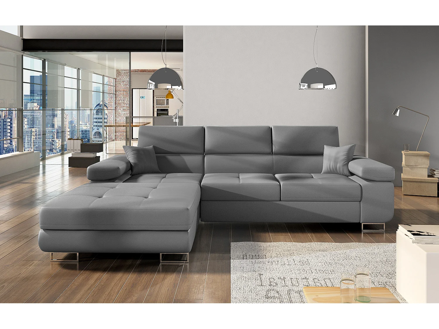 Canapé convertible d'angle gauche simili cuir gris avec rangement Wile 280cm