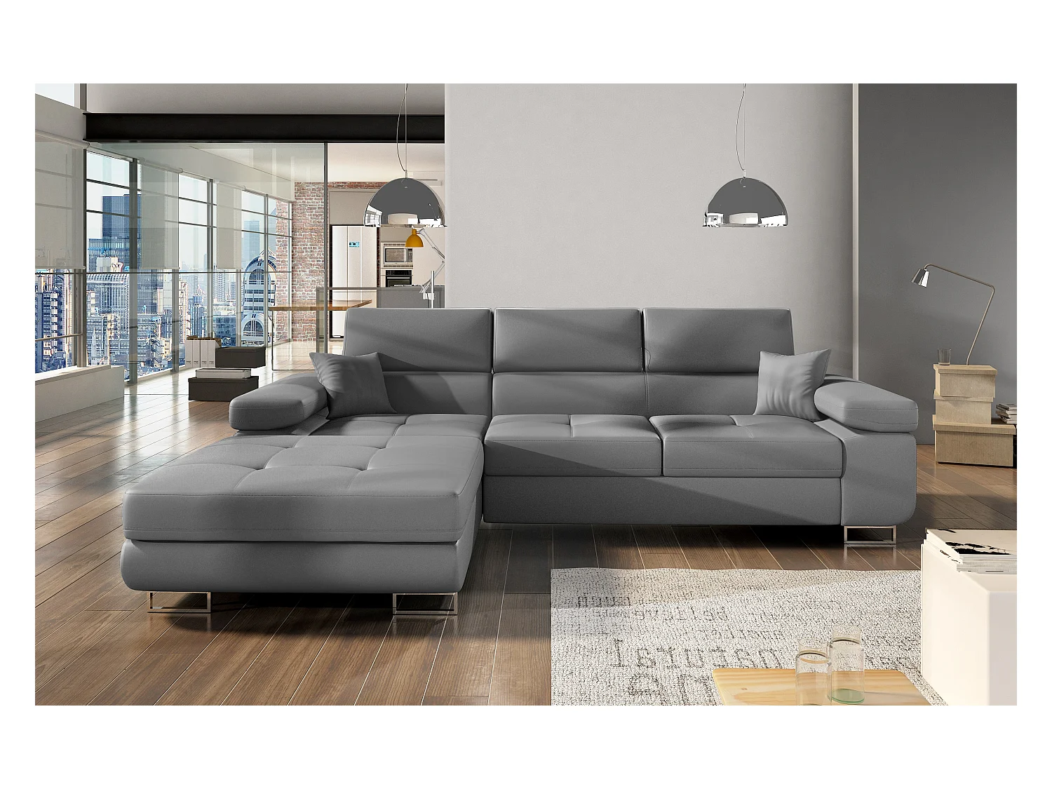 Converteerbare hoekbank links in grijs kunstleer met opbergruimte Wile 280 cm