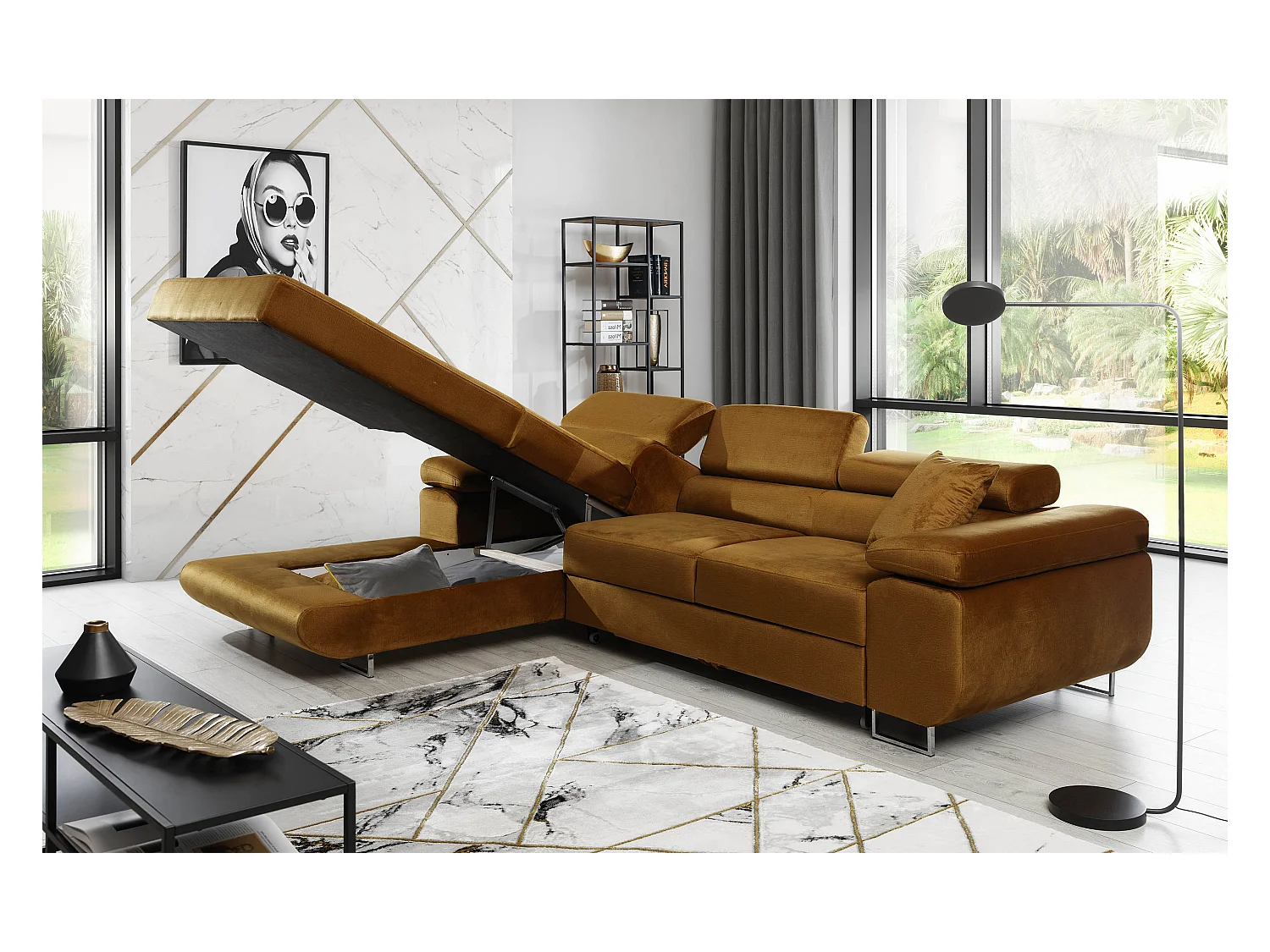 Converteerbare hoekbank links in grijs kunstleer met opbergruimte Wile 280 cm