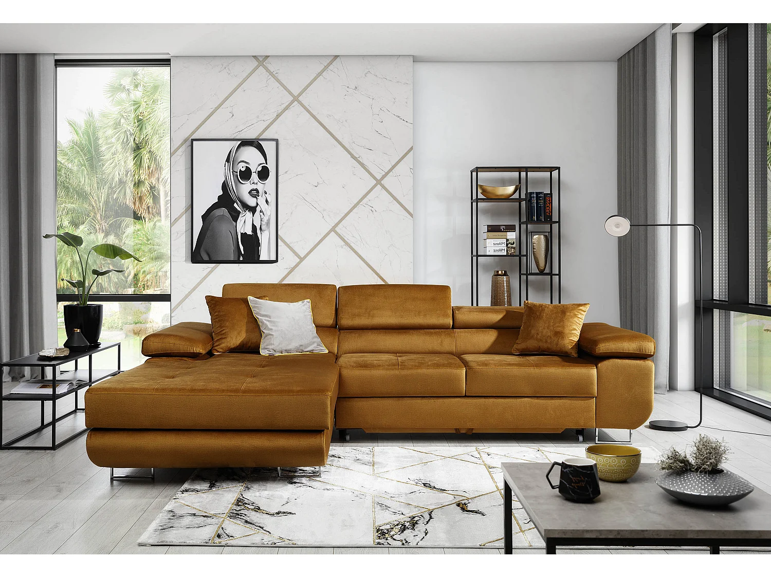 Converteerbare hoekbank links in grijs kunstleer met opbergruimte Wile 280 cm