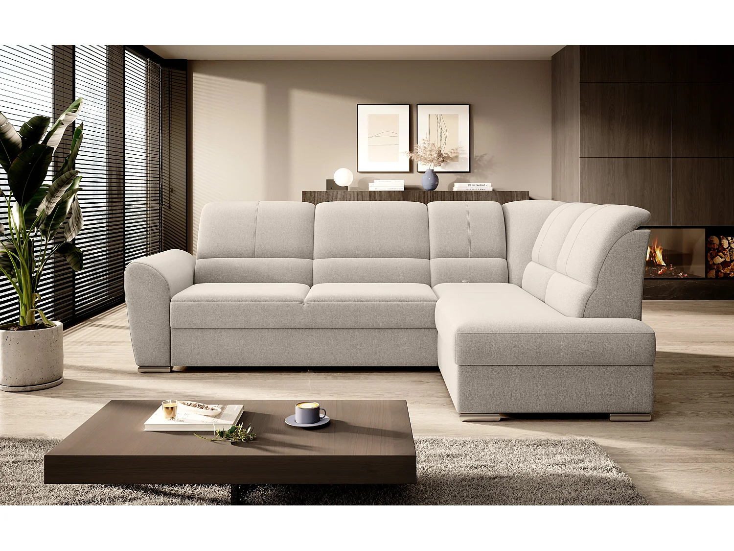 Canapé angle droit convertible tissu crème et pieds acier chromé Zabor 270cm