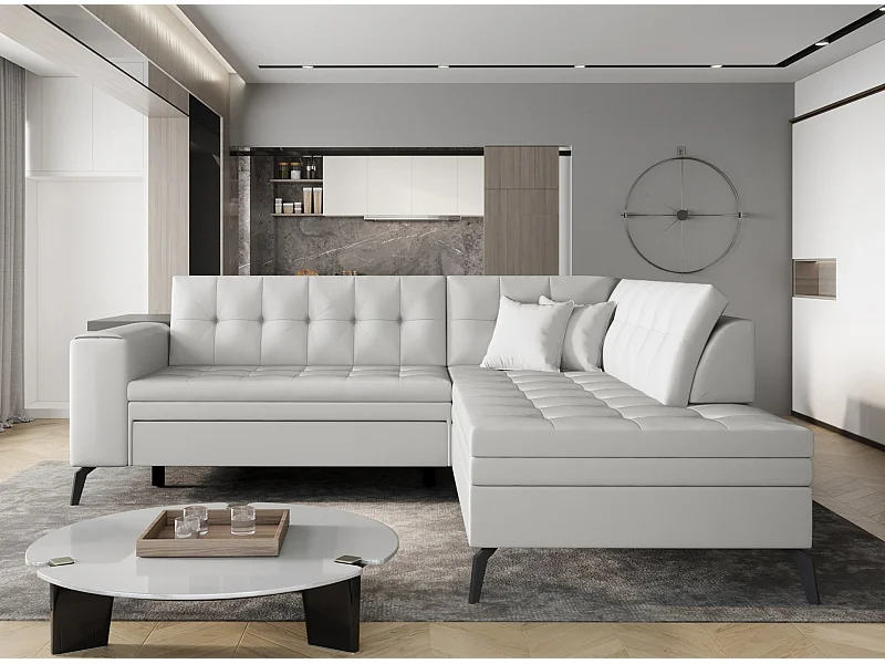 Canapé convertible capitonné angle droit simili cuir blanc Larry 260cm