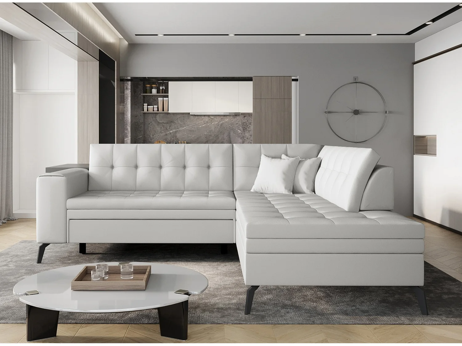 Canapé convertible capitonné angle droit simili cuir blanc Larry 260cm