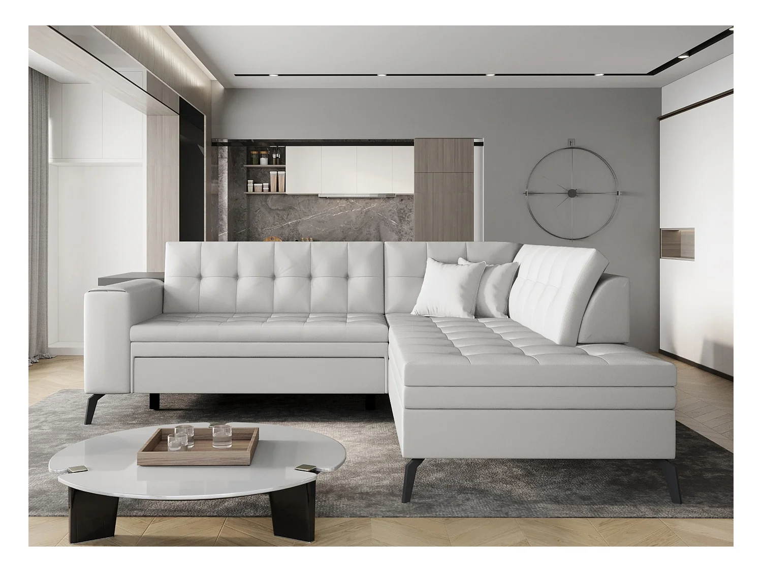 Canapé convertible capitonné angle droit simili cuir blanc Larry 260cm