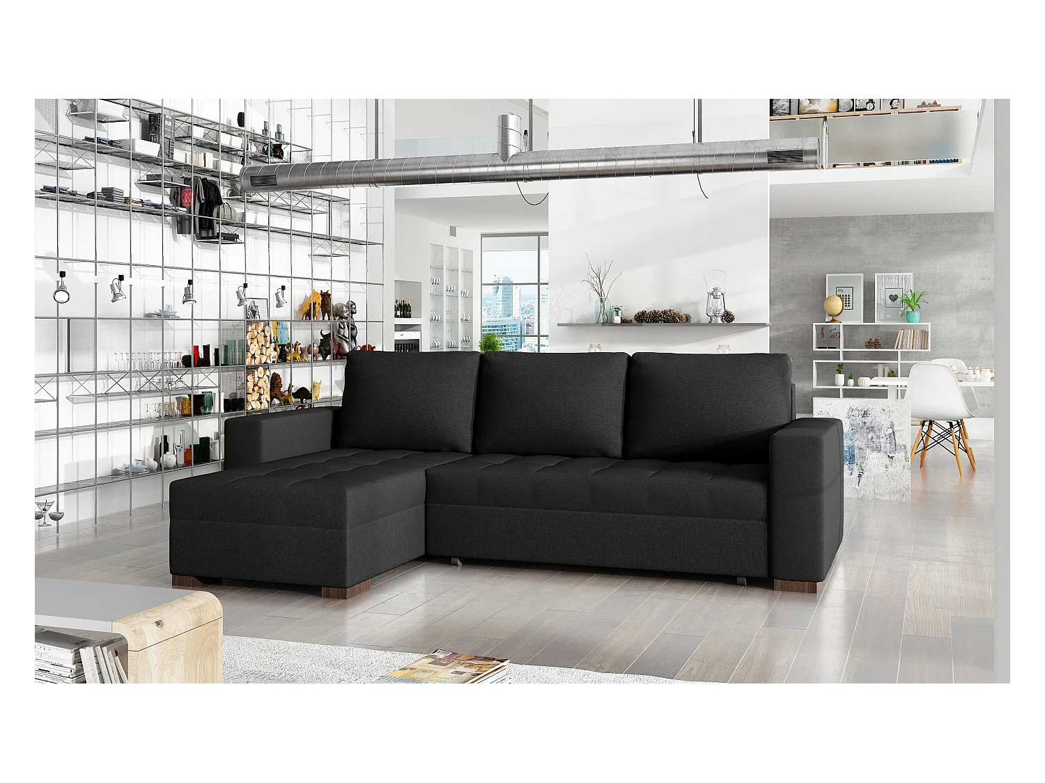 Converteerbare en omkeerbare hoekbank zwarte stof Zelly 237 cm