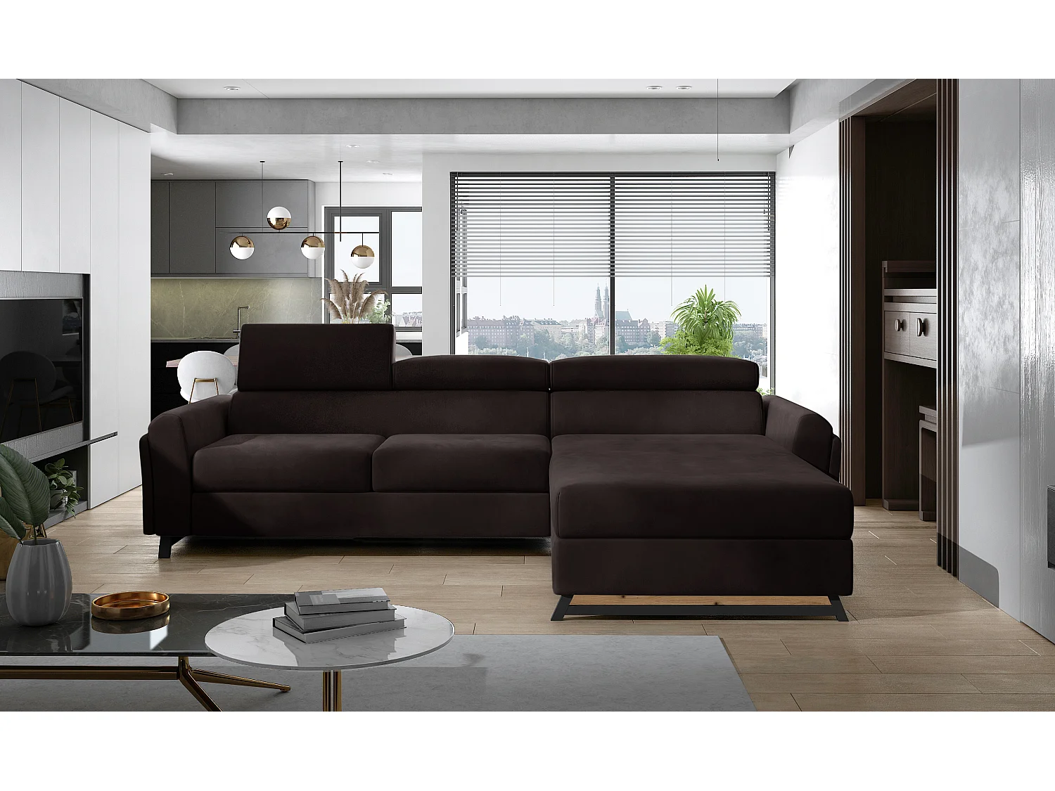 Canapé angle droit convertible velours marron foncé avec appuis-tête réglables Mazerali 300cm