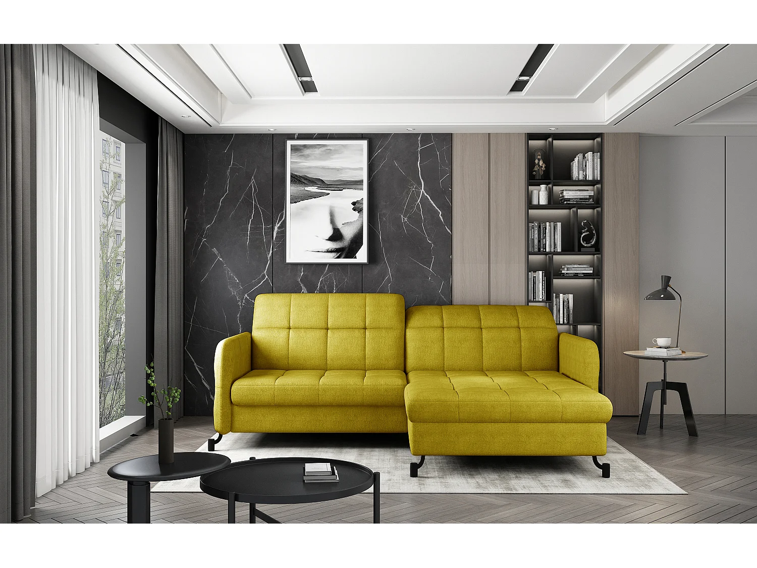 Canapé convertible angle droit avec têtières réglables tissu matelassé jaune Lory 225cm