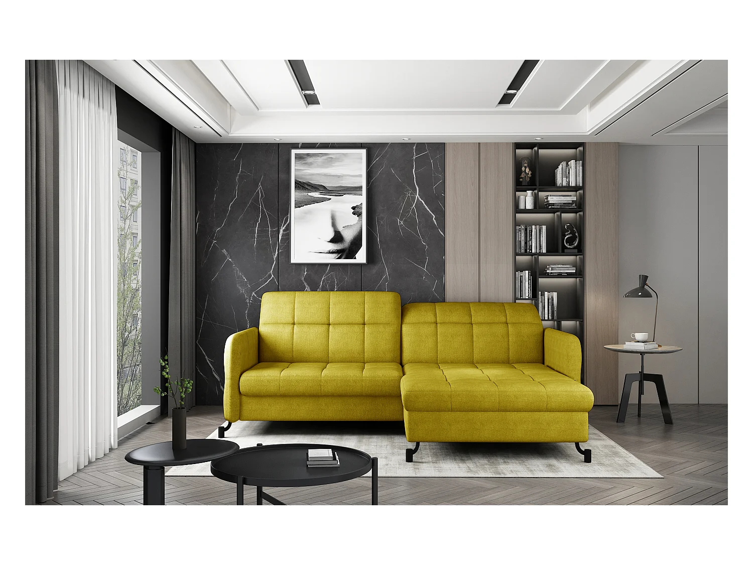 Canapé convertible angle droit avec têtières réglables tissu matelassé jaune Lory 225cm