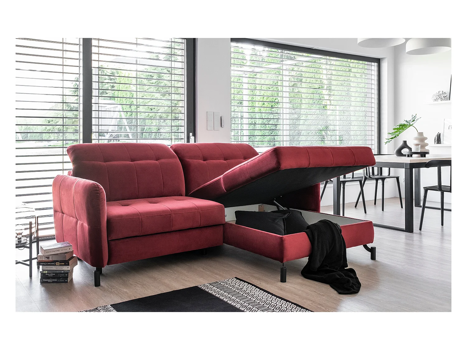 Canapé convertible angle droit avec têtières réglables tissu matelassé jaune Lory 225cm