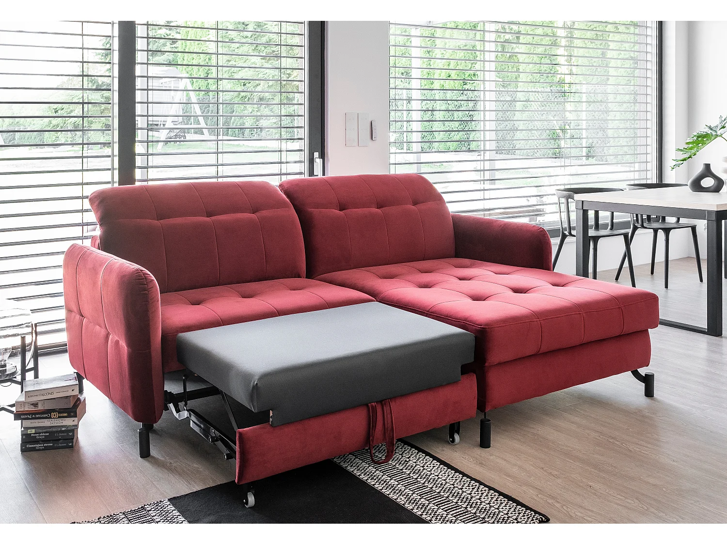 Canapé convertible angle droit avec têtières réglables tissu matelassé jaune Lory 225cm