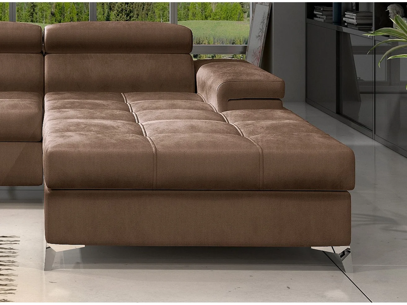 Fluwelen converteerbare hoekbank met verstelbare hoofdsteunen Rikaro 280 cm-Kleur Lichtbruin-juiste hoek