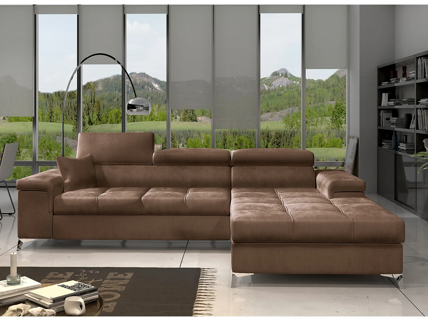 Fluwelen converteerbare hoekbank met verstelbare hoofdsteunen Rikaro 280 cm-Kleur Lichtbruin-juiste hoek