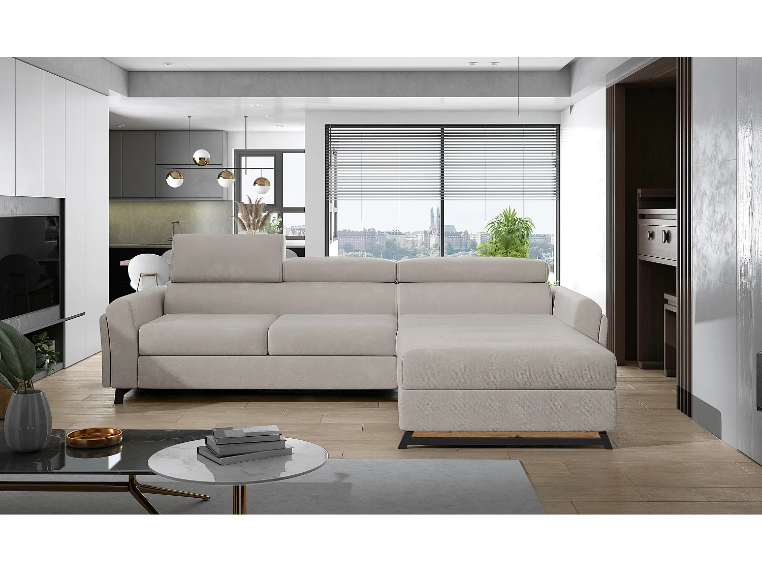 Canapé angle droit convertible velours beige clair avec appuis-tête réglables Mazerali 300cm