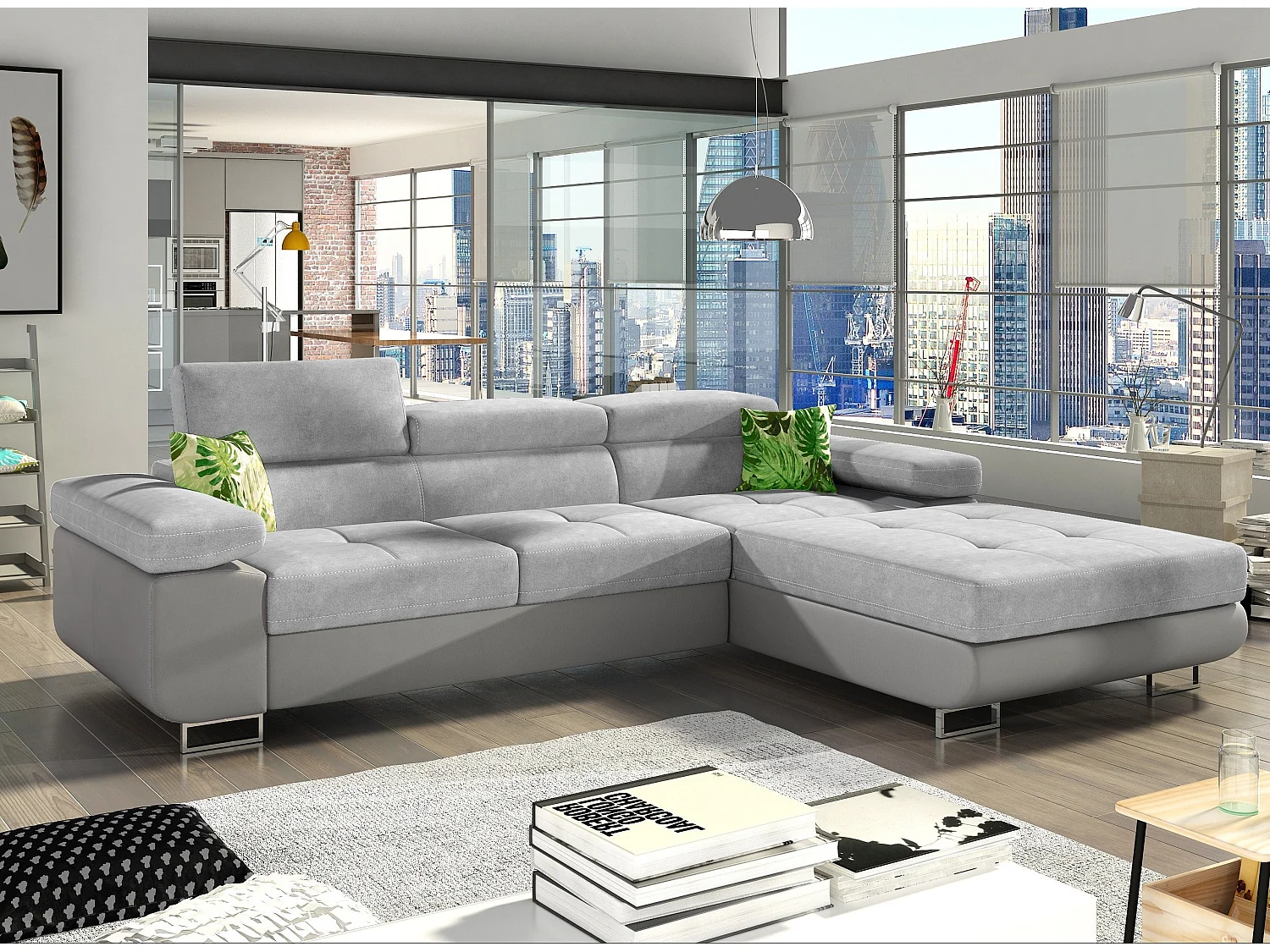 Canapé convertible d'angle droit tissu gris et simili gris Wile 280cm