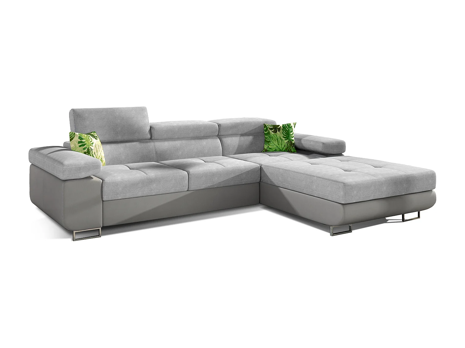 Canapé d'angle convertible appuis-tête réglables KALIZO - Coffre et pieds acier chromé-Gris/Gris clair-angle droit