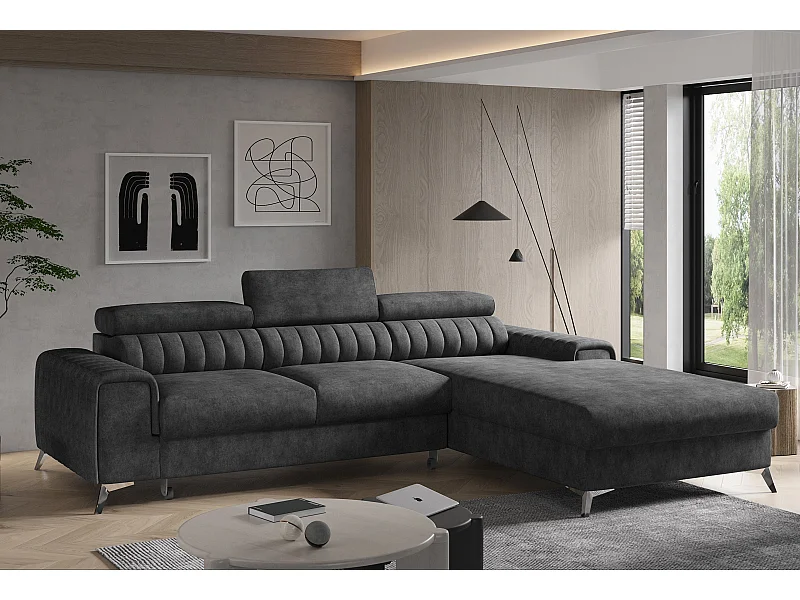 Canapé convertible angle droit vintage tissu effet cuir noir Grenky 276cm