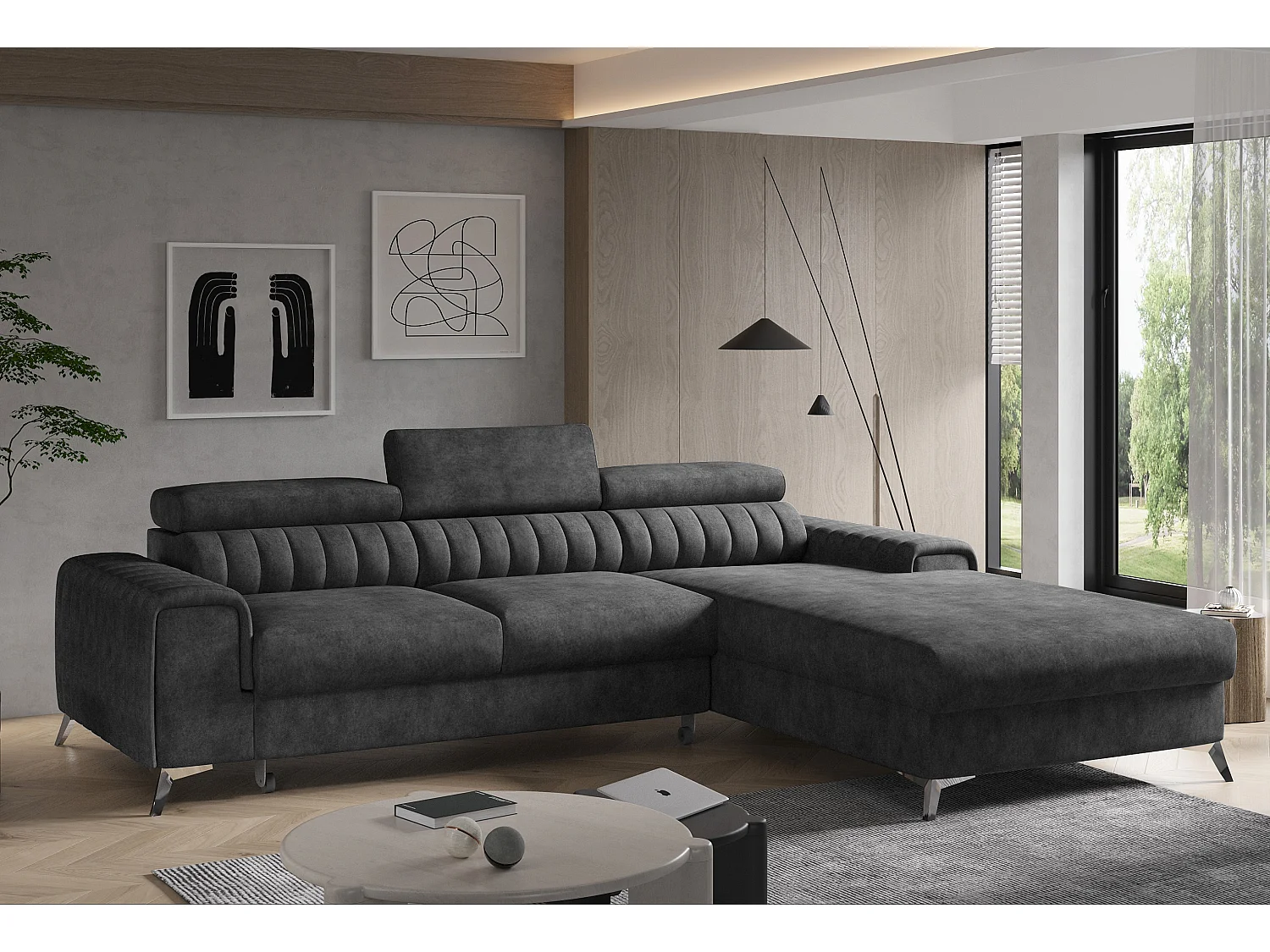 Canapé convertible angle droit vintage tissu effet cuir noir Grenky 276cm