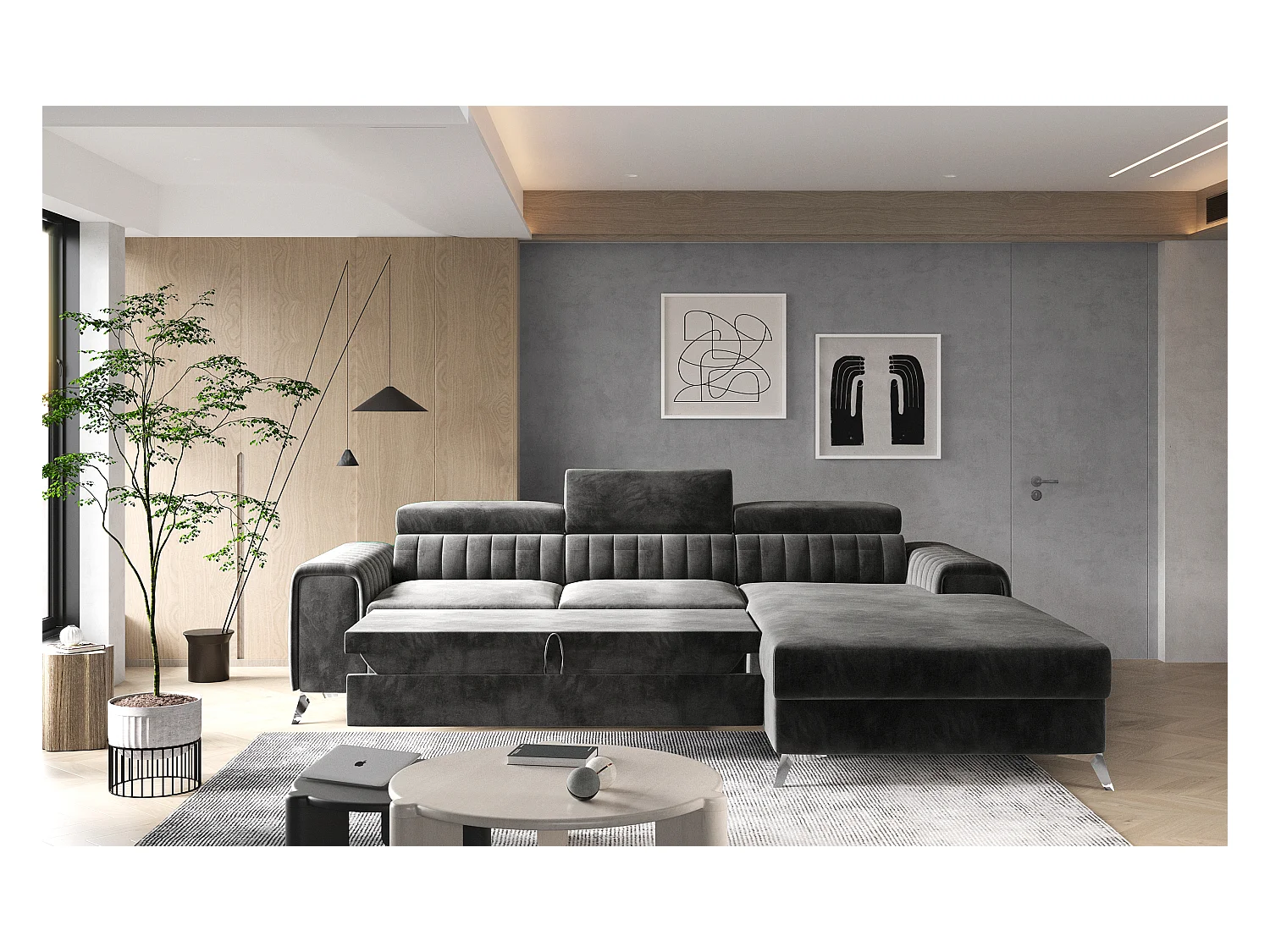 Canapé convertible angle droit vintage tissu effet cuir noir Grenky 276cm