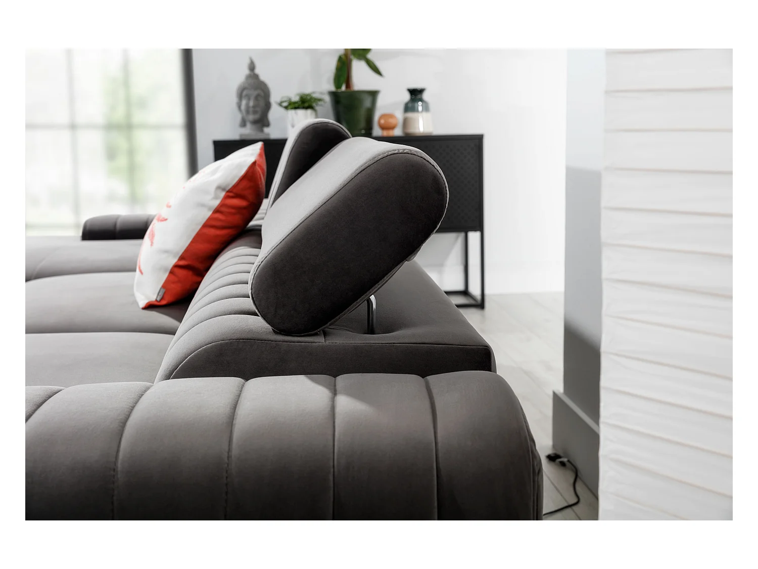 Canapé convertible angle droit vintage tissu effet cuir noir Grenky 276cm