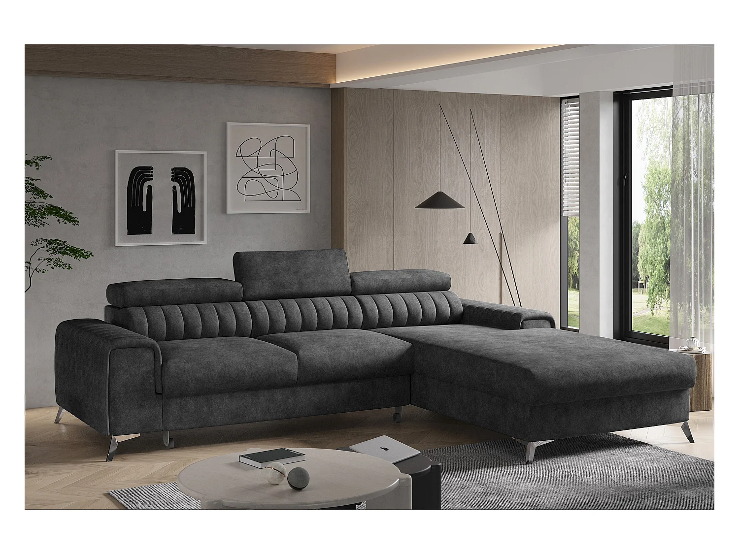 Grenky vintage haakse converteerbare bank in stof met zwart leereffect, 276 cm