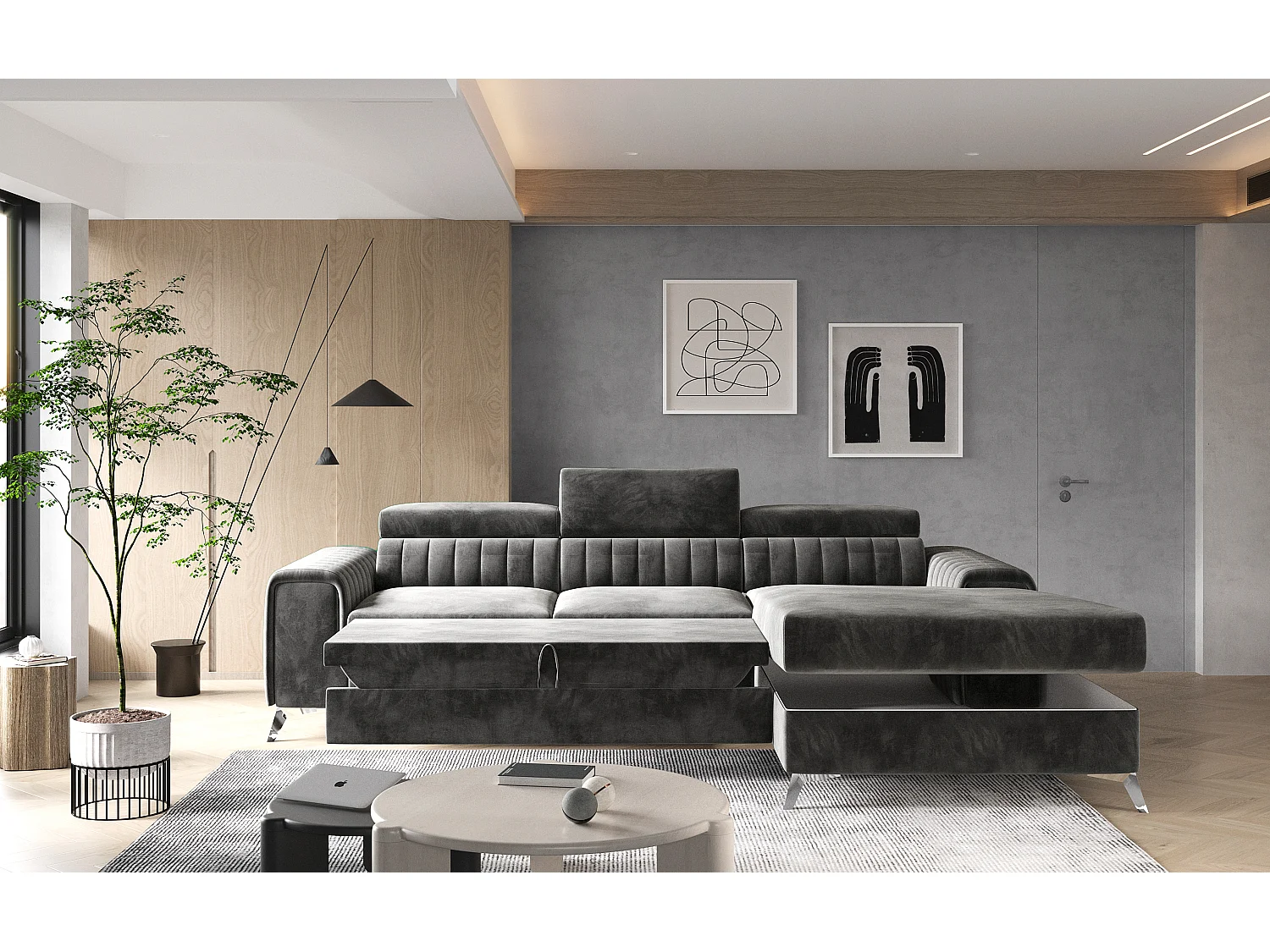 Canapé convertible angle droit vintage tissu effet cuir noir Grenky 276cm