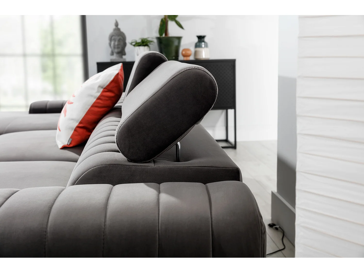 Canapé convertible angle droit vintage tissu effet cuir noir Grenky 276cm