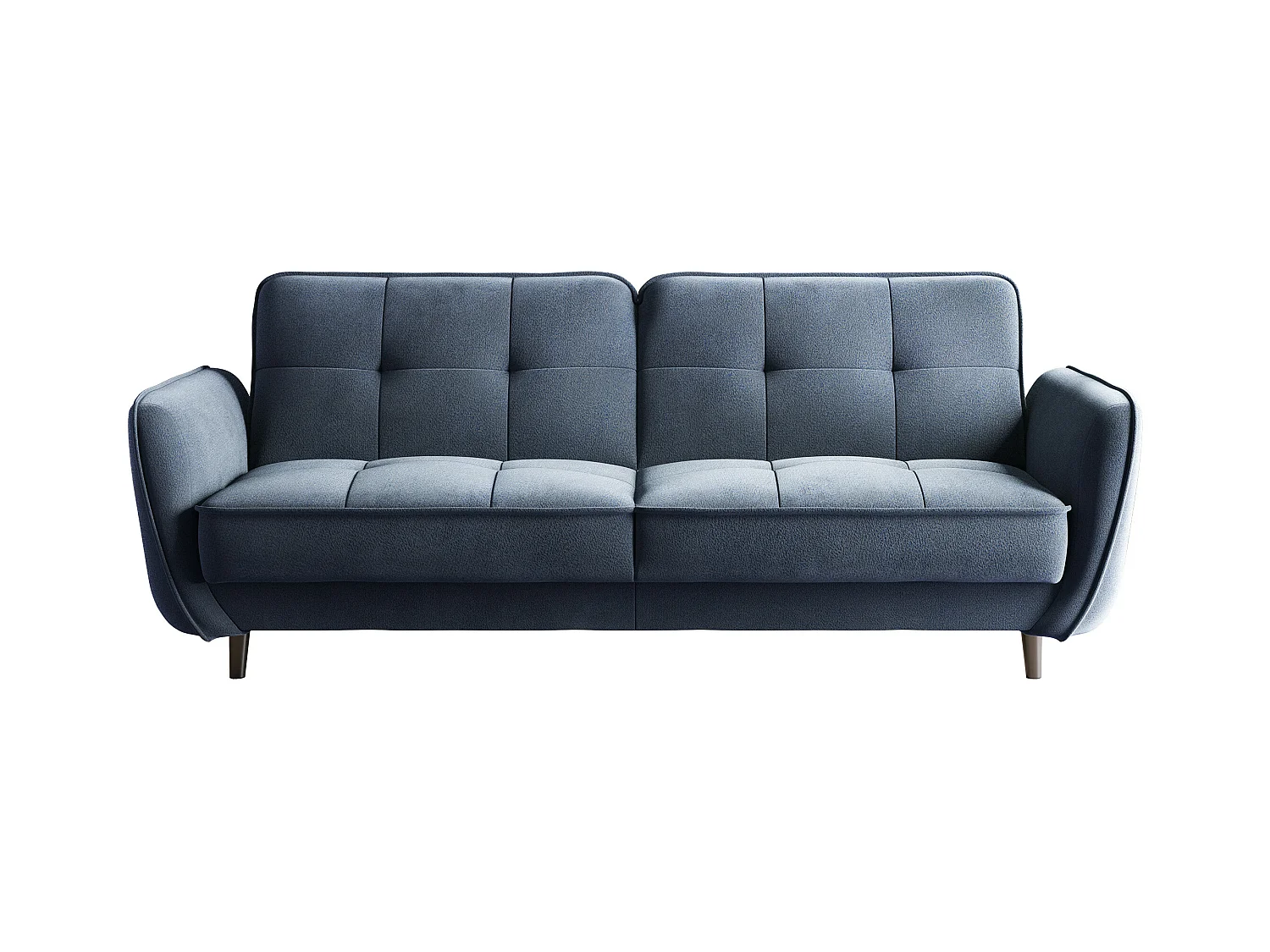 Canapé convertible 3 places tissu bleu clair capitonné et pieds bois noir Bizza 220cm
